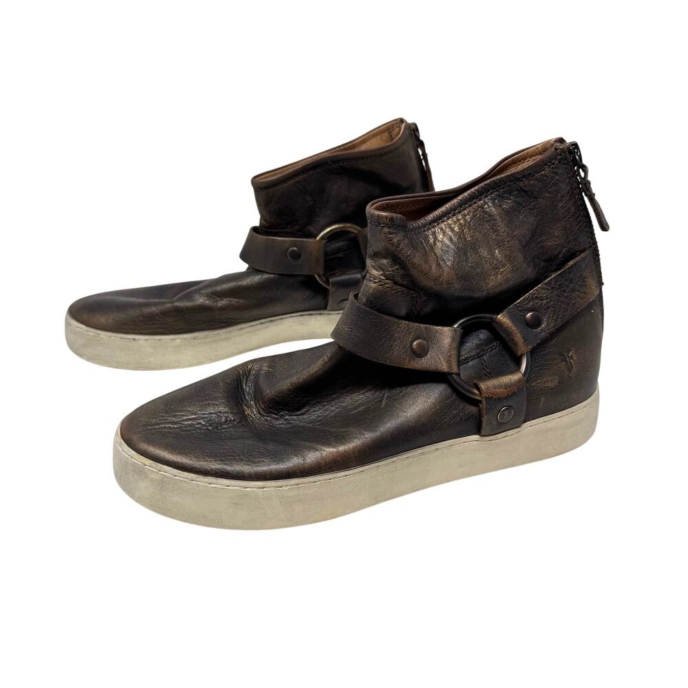 Frye Dark Brown Leather Ankle Booties with Strap & Ring Detail